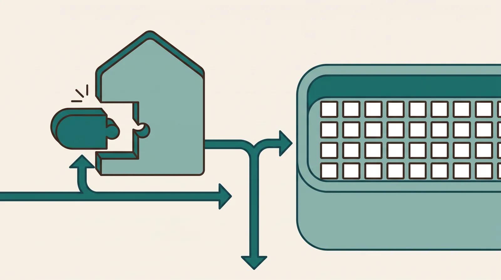 A decision forking into a single checkout block clicking into an existing store on one side and one container packed with many small tool tiles on the other