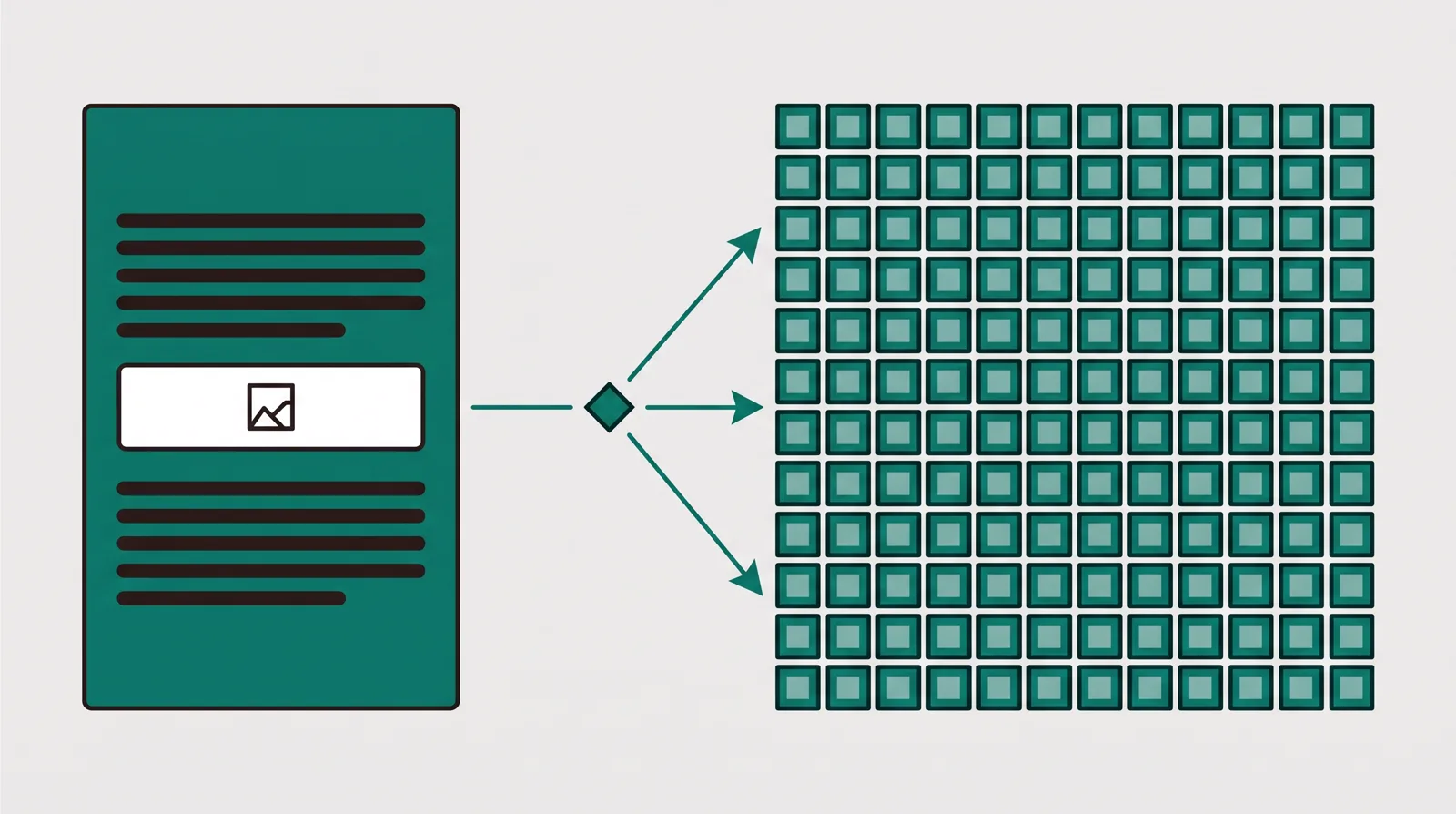 A decision forking into one precise single landing page on one side and a dense grid of many small tool tiles on the other