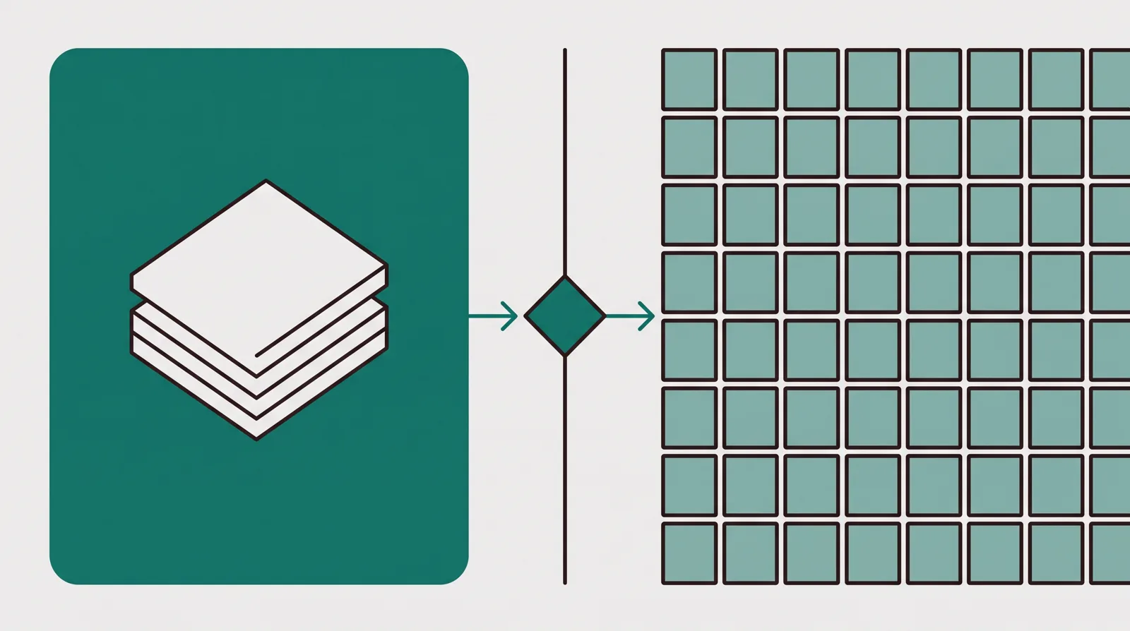A decision forking into one tidy platform holding a few aligned tiles on one side and a dense crowded grid of many small tiles on the other