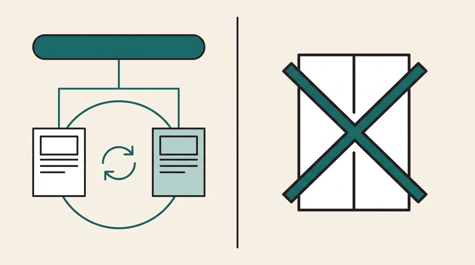 Left: one address rotating two page variants under a single link. Right: a single page with its split crossed out, no testing