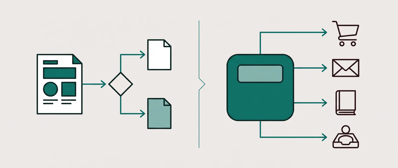 A focused landing page lane beside a branching creator business system, with a decision path between them
