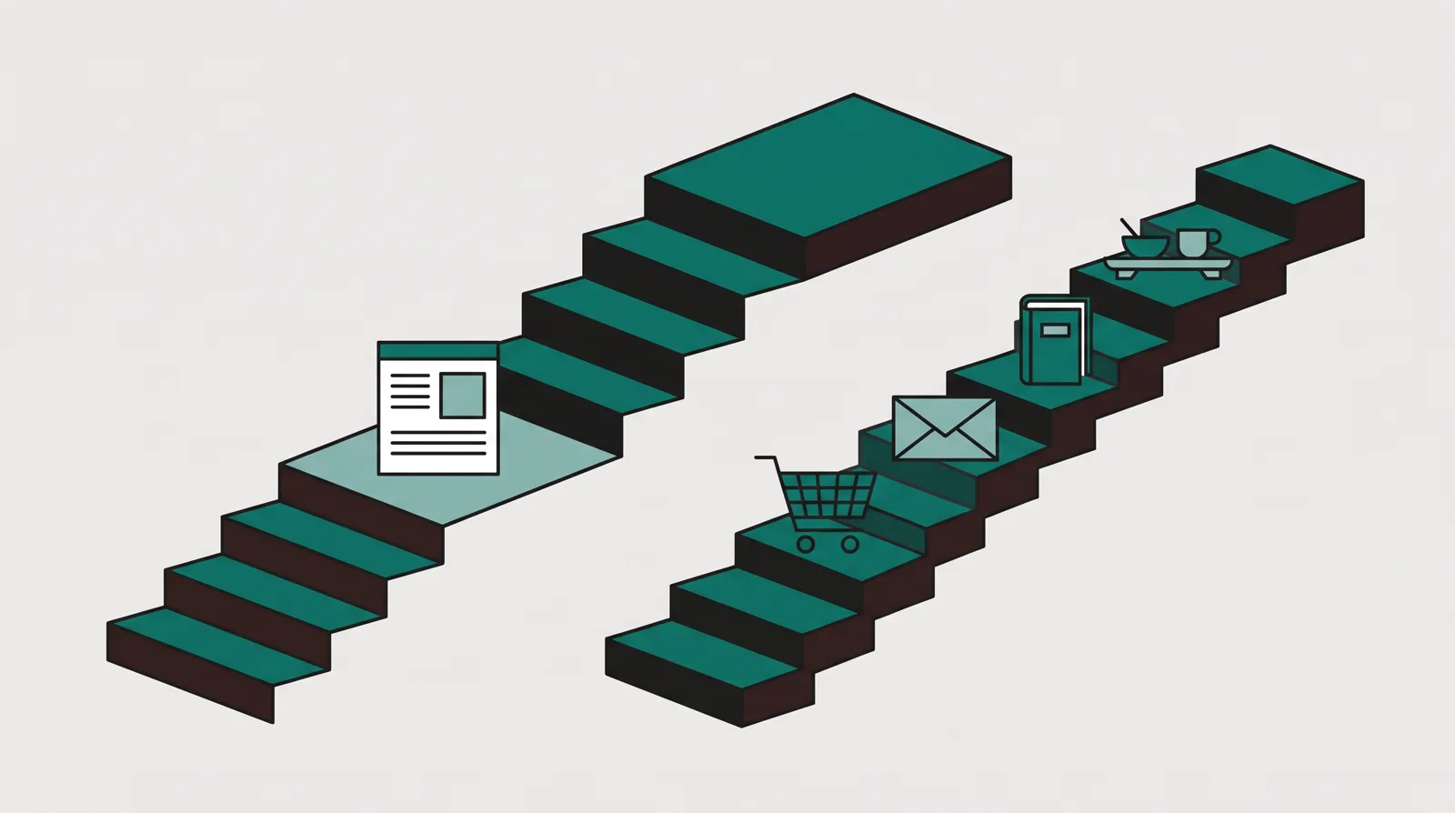 A low entry step rises to a testing tier while a parallel staircase expands into a broader software bundle