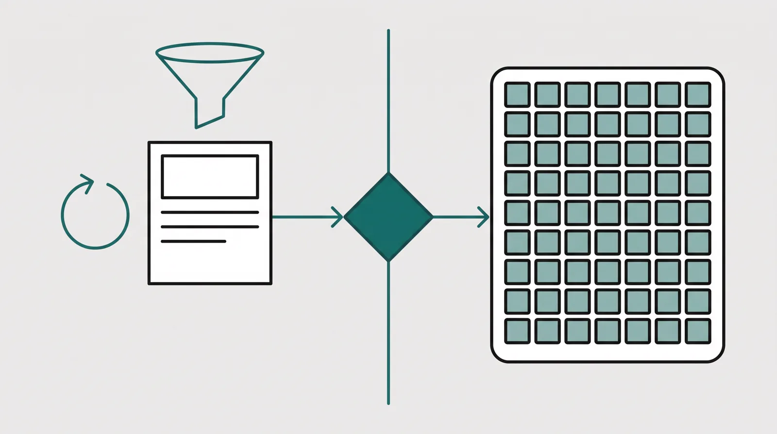 A decision forking into one clean landing page with a small A/B test loop and an open uncapped funnel on one side, and a container crammed with many small tool tiles on the other
