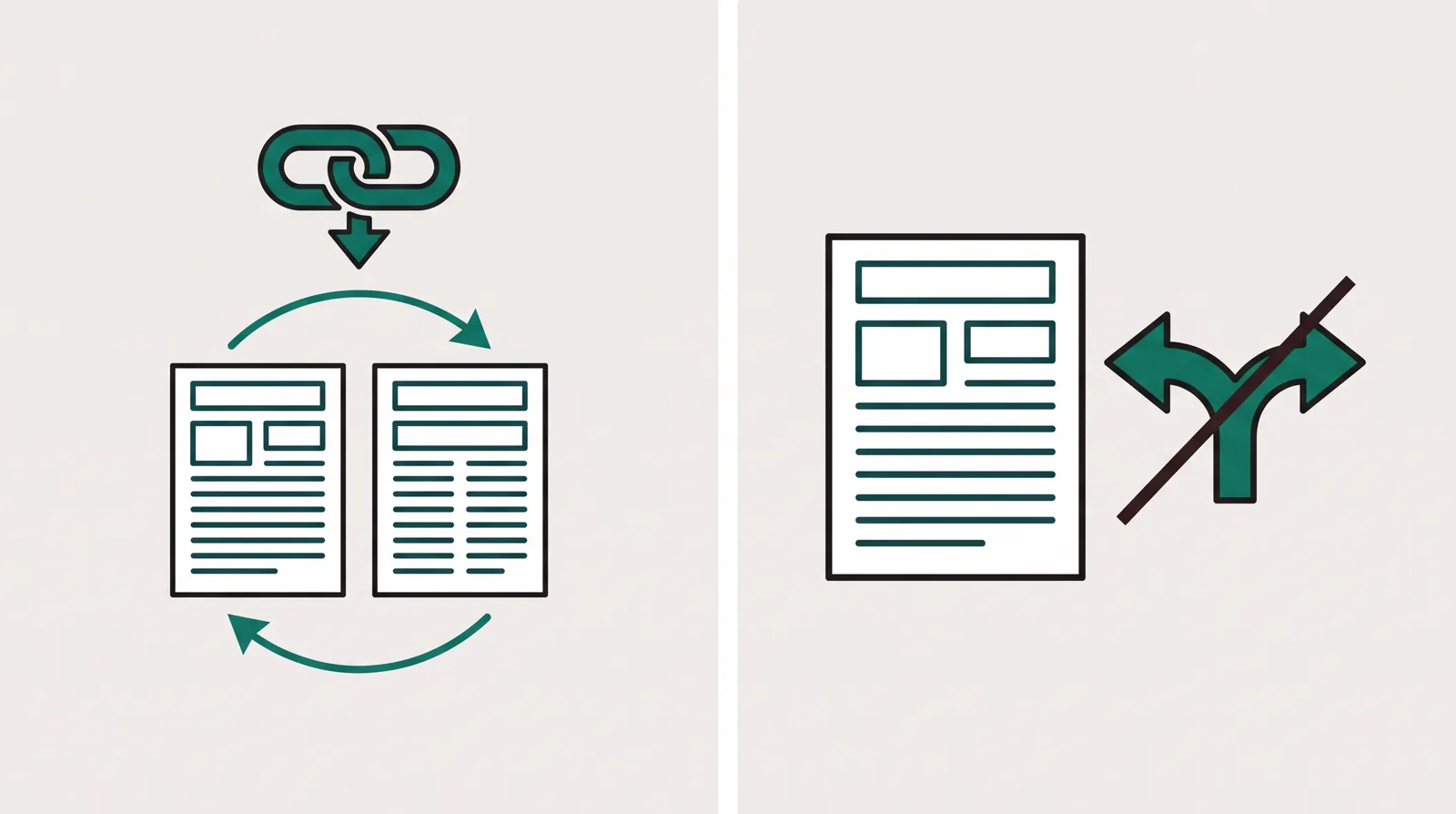 Left: one address rotating two page variants under a single link. Right: a single page with its split-test crossed out, meaning no testing