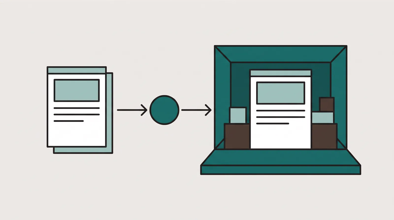 A single hosted landing page on one path and a landing page nested inside a larger self-hosted system of blocks on the other, forking from one decision point