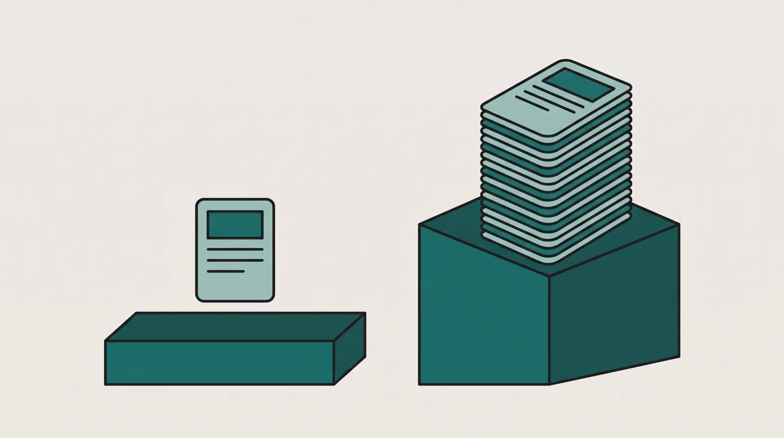 A single focused page tool beside a tall stack of bundled tools, with a low cost step under one and a taller cost step under the other