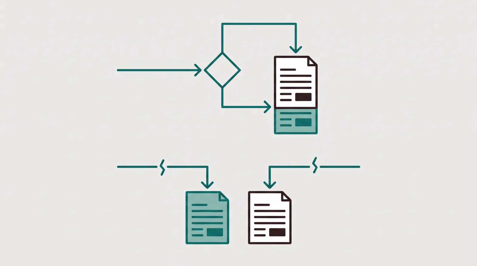 One campaign link rotating two page variants under a single route, above two separate links to two addresses that each break the route