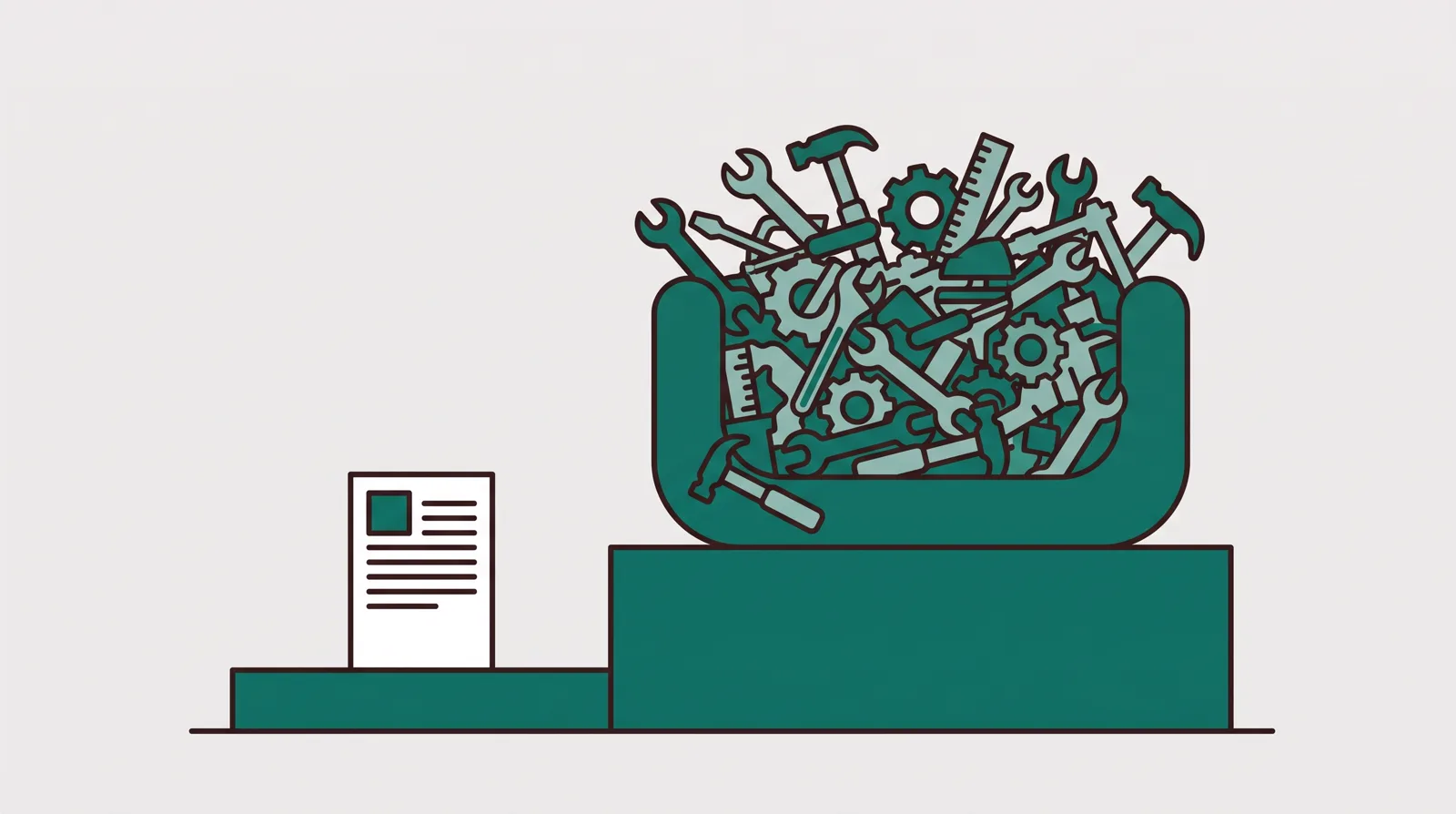 A single focused page tool beside a tall bundle of many tools in one container, with a low cost step under one and a taller step under the other