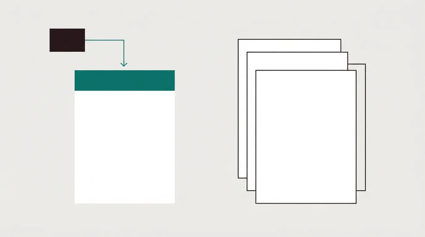 A single sheet on the left and a taller stack of page cards on the right, with a thin arrow running from a small rectangle into the sheet.
