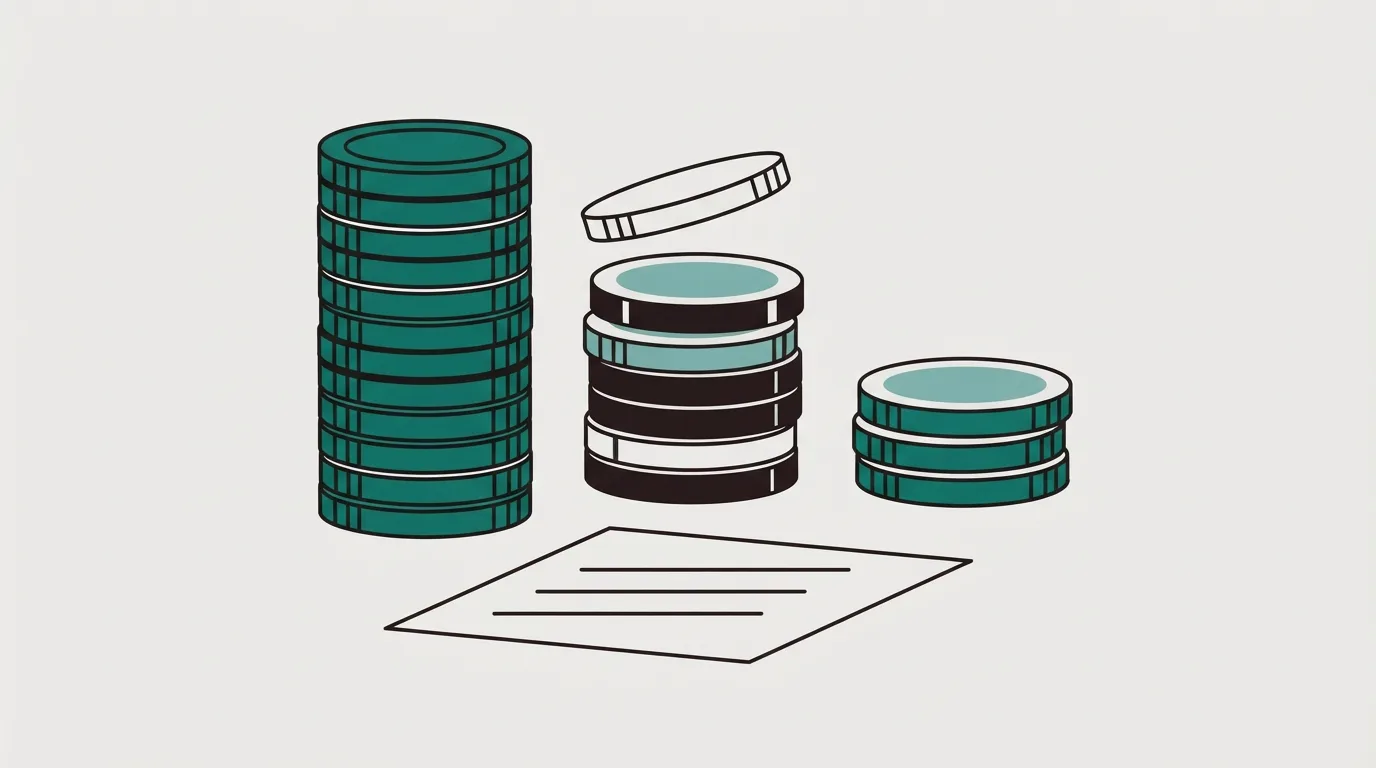 Three coin stacks of different heights beside a receipt, the middle stack with a thin slice lifted off the top to show a percentage cut
