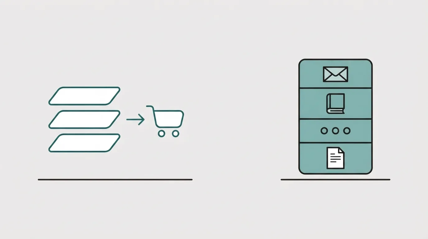 Two groups on a pale ground: a short stack of pages with an arrow into a small cart, and a taller block split into an envelope, a book, three circles and a page.