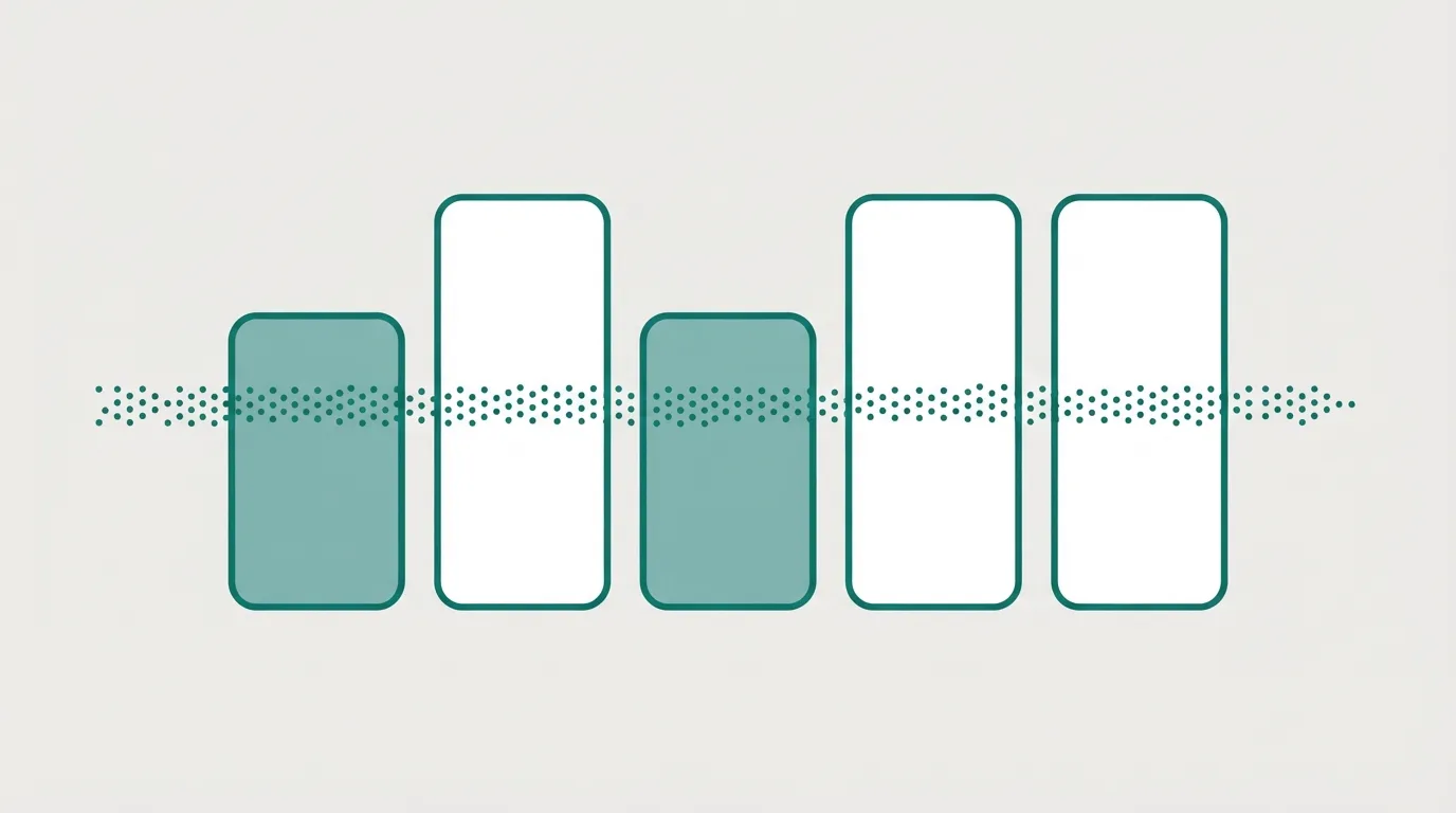 Five rounded bars of two heights, with a dotted line running through the middle of each