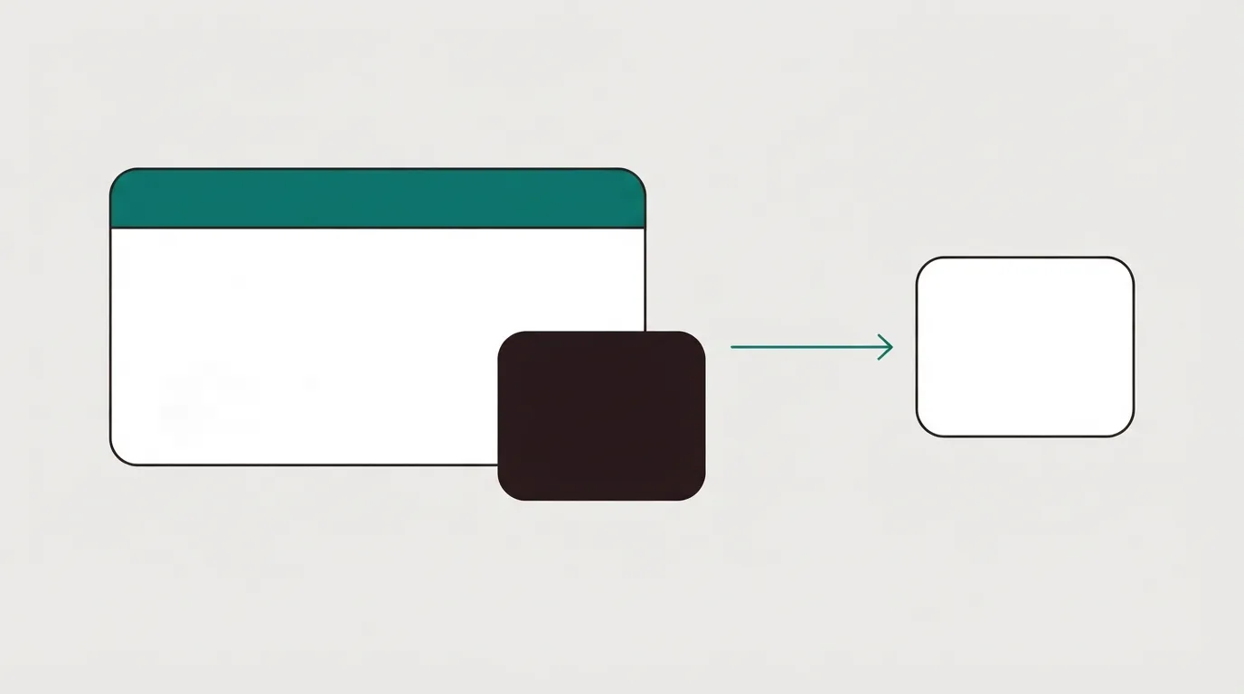 A wide checkout card, a small card beside it, and a second card after a thin arrow.