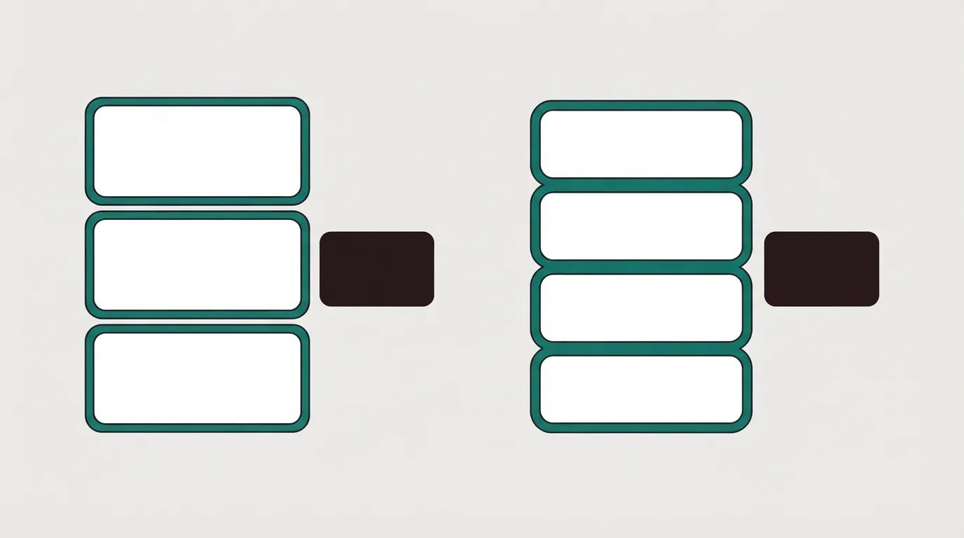 Two stacks of white cards with teal outlines. The left stack has three cards and a dark block beside the middle card. The right stack has four cards and a dark block beside the second card.