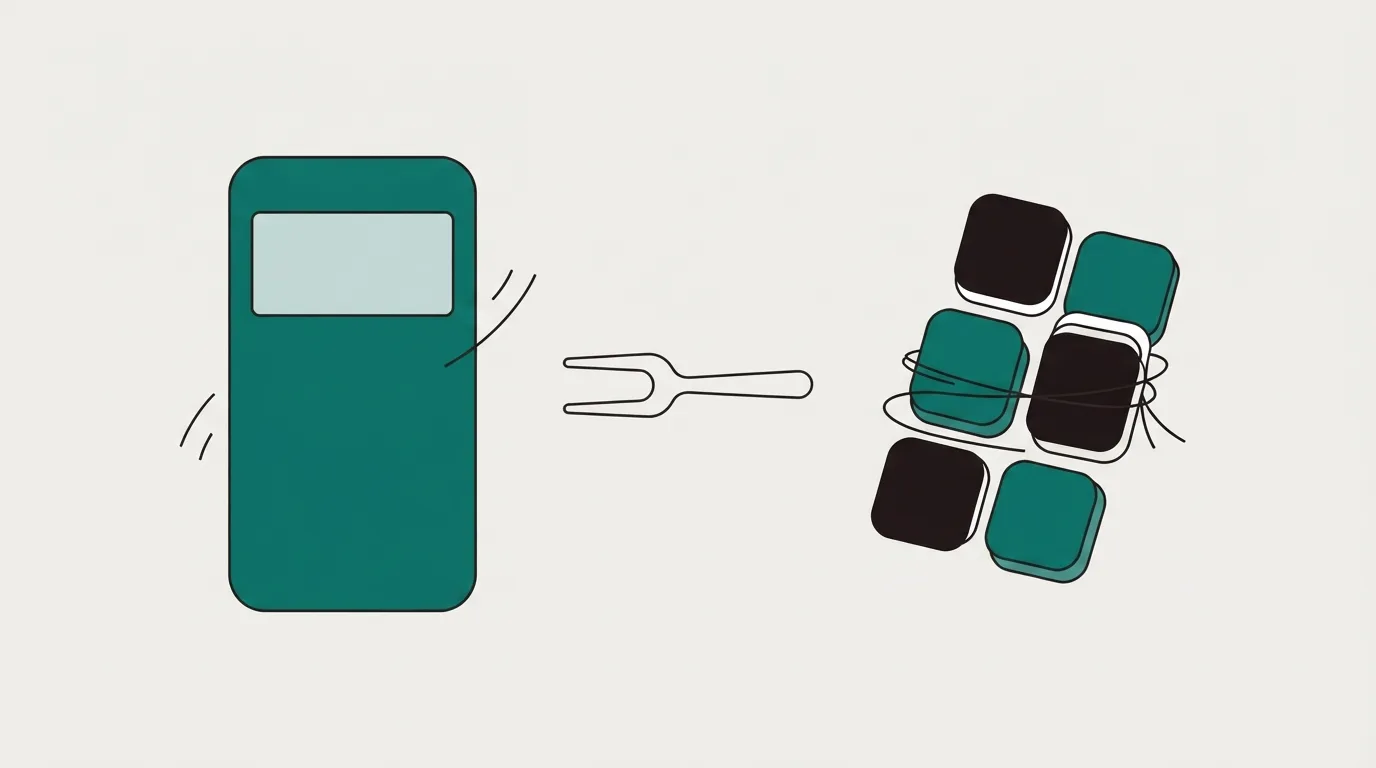A slim phone-shaped page on the left and a cluster of small tool tiles on the right, split by a fork