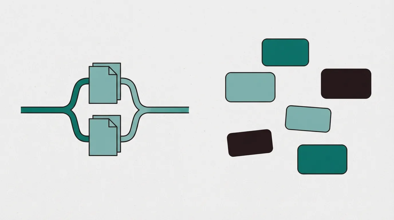 One line splitting into two page cards and joining again, beside a pile of separate boxes with no shared line