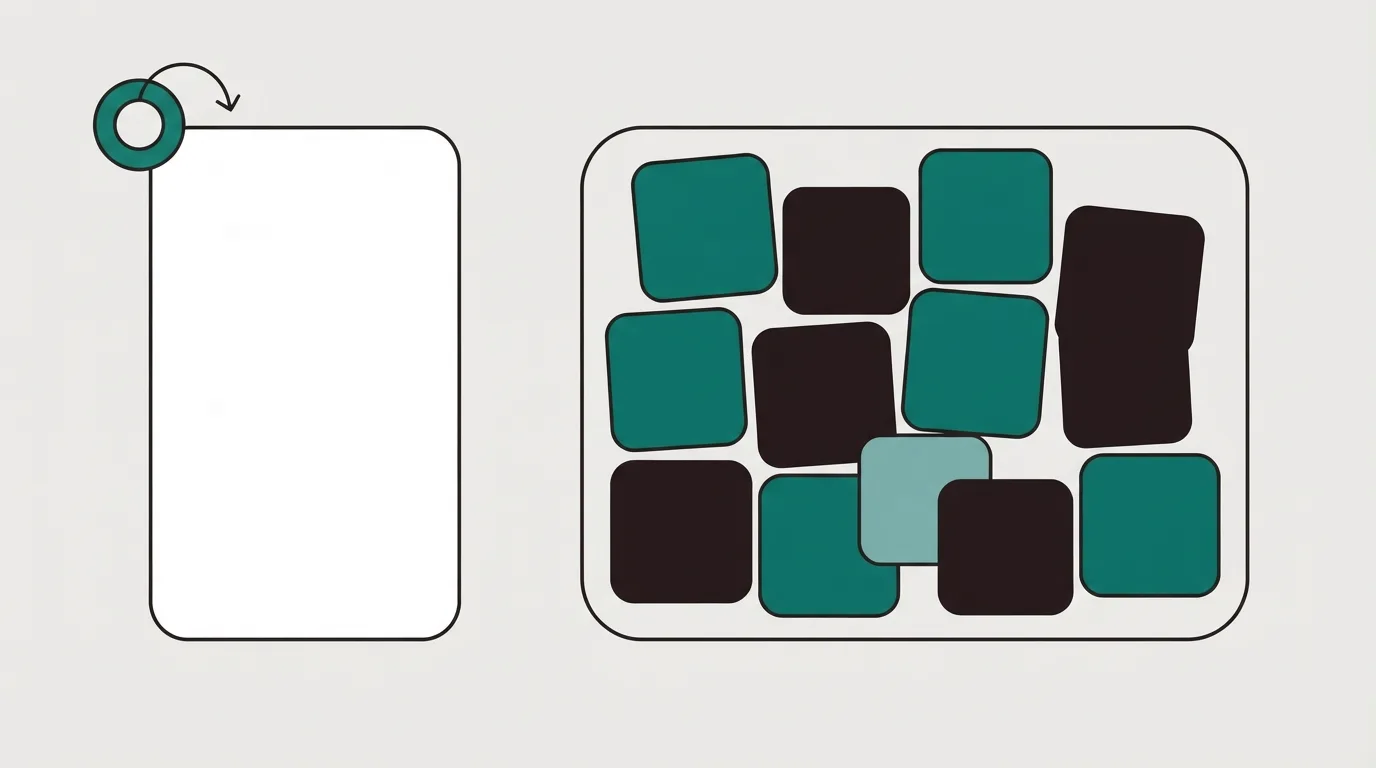 One tall landing-page card with a small test loop beside a packed cluster of many small tool tiles