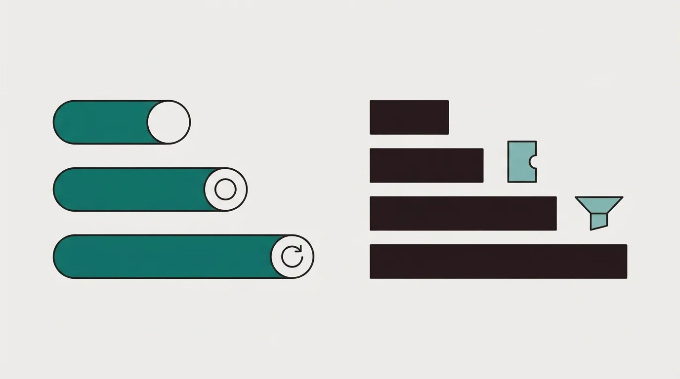 Two columns of bars. A loop mark sits only on the taller bars at left. A checkout tile and a funnel tile appear only beside the longer bars at right.