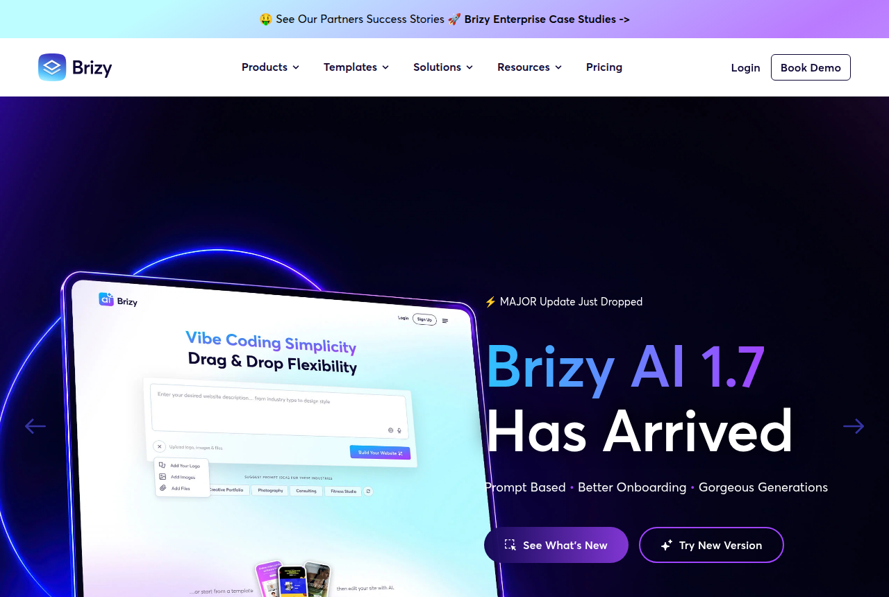 Brizy homepage with the logo in the header and a dark hero for Brizy AI 1.7 beside a tablet mockup of a prompt box