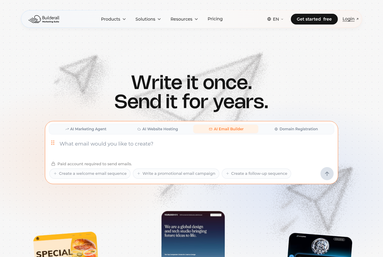 Builderall home page presenting one platform of AI website, email, funnel and checkout tools