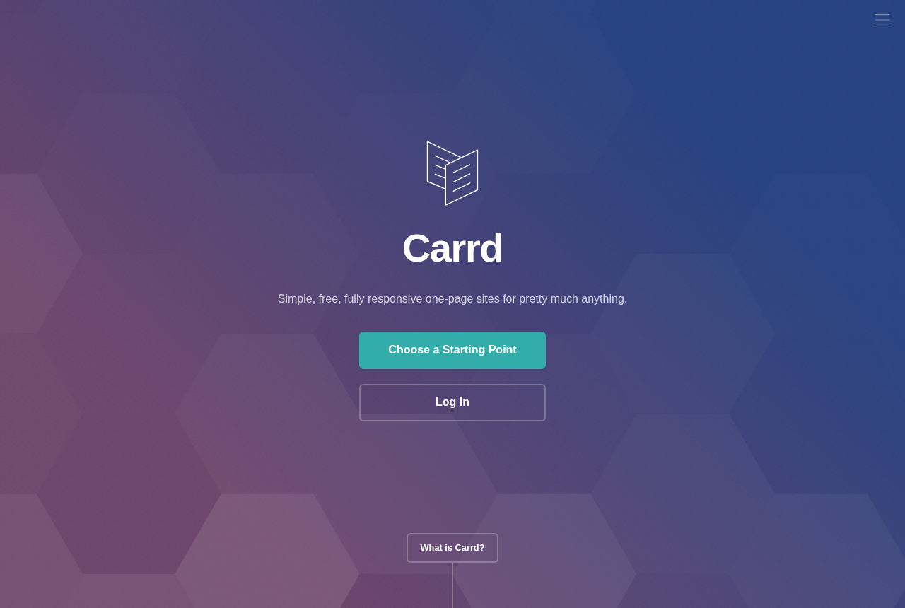 Carrd homepage on a purple hexagon background, with the Carrd wordmark, the line about simple free one-page sites, and buttons labeled Choose a Starting Point and Log In.
