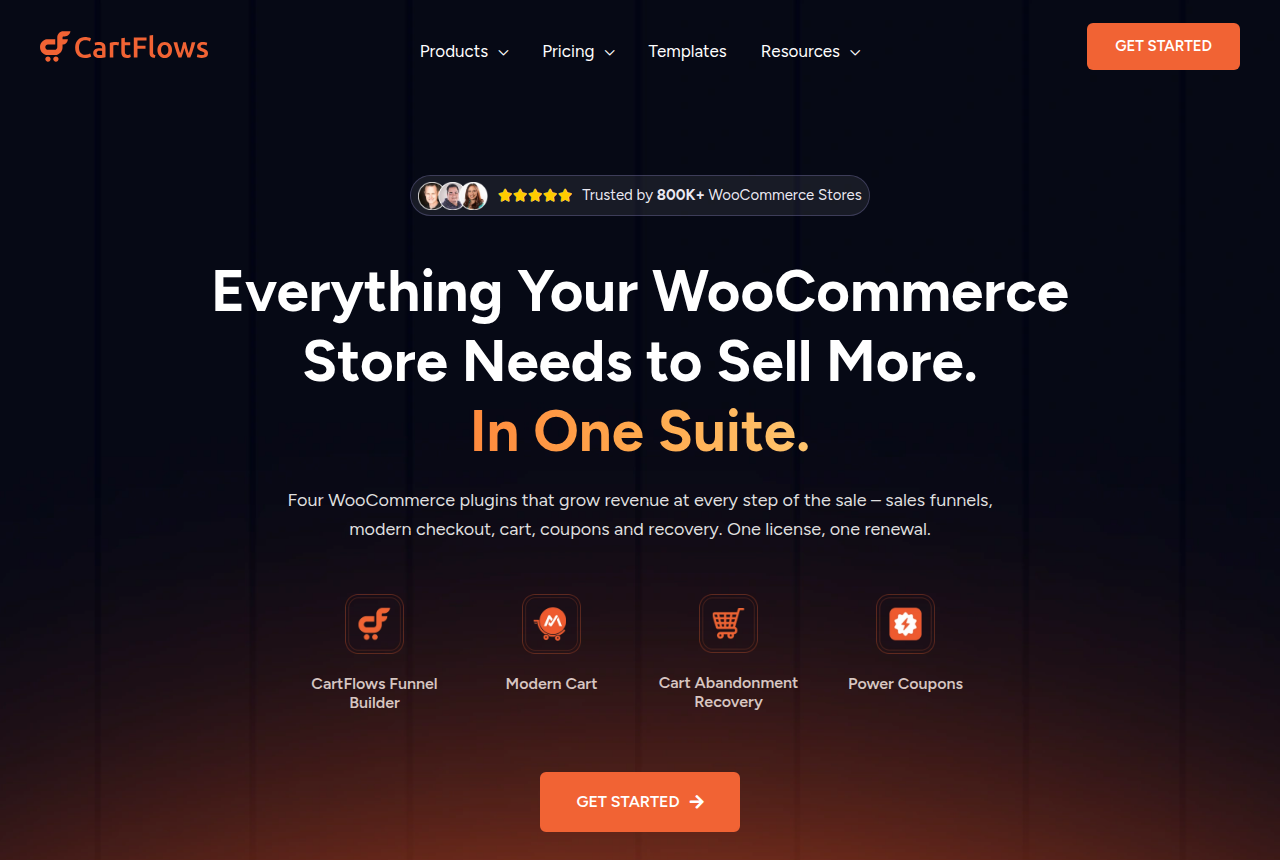 CartFlows home page for its WooCommerce funnel builder and checkout plugin suite