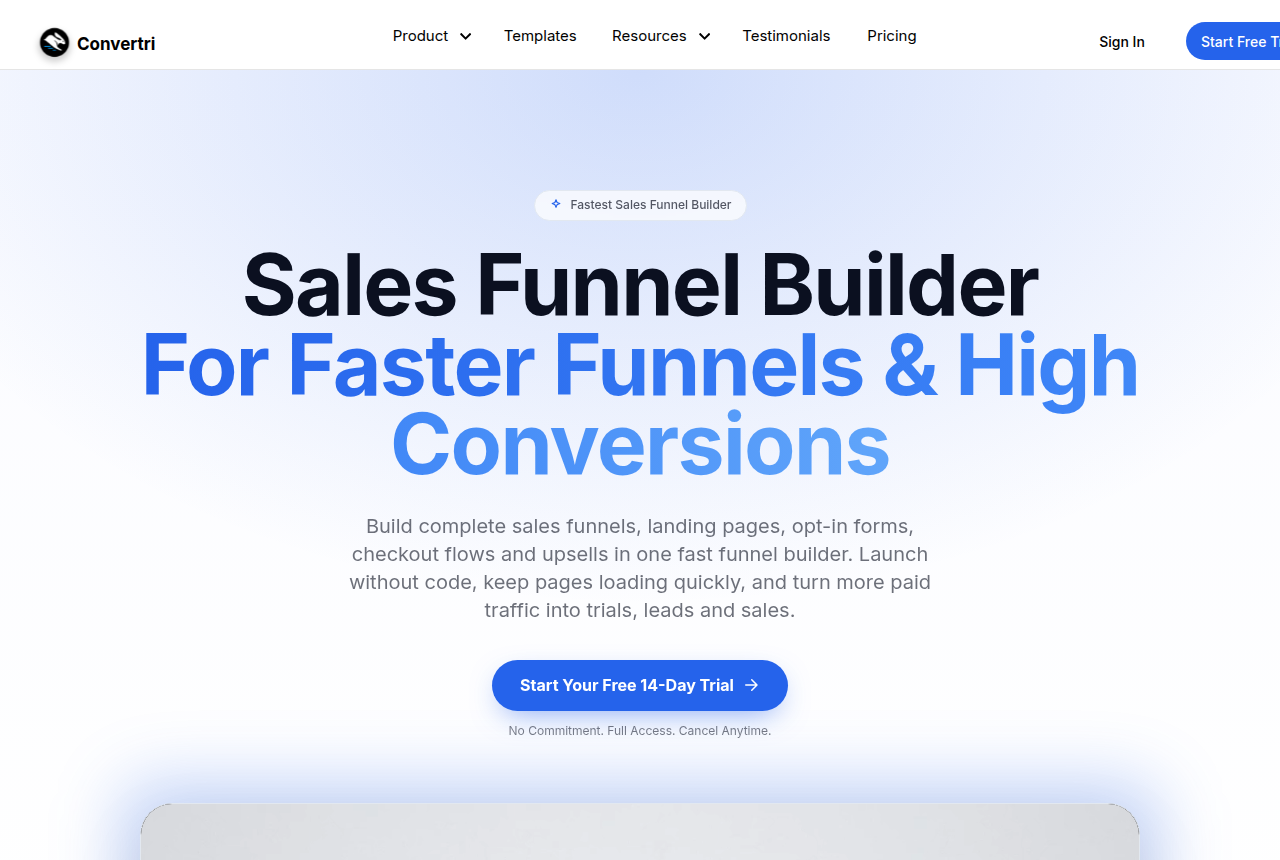 Convertri homepage with the logo and navigation, the headline Sales Funnel Builder For Faster Funnels and High Conversions, and a button to start a 14-day trial.