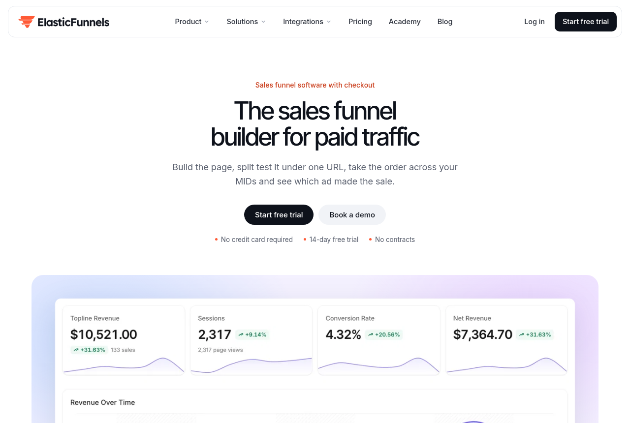 ElasticFunnels home page headline: the sales funnel builder for paid traffic