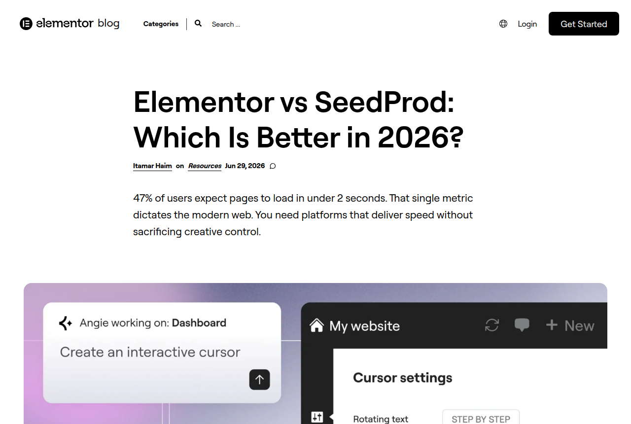 Elementor blog header above its 2026 SeedProd comparison, with the logo, a Get Started button, and an editor mock of cursor settings