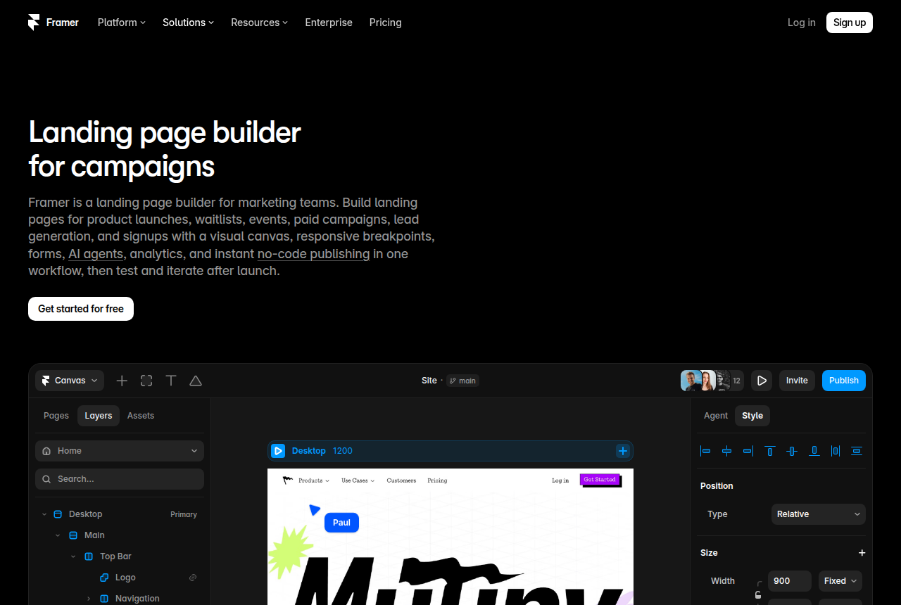 Framer landing pages page with the logo and nav at the top, the headline Landing page builder for campaigns, and the canvas editor open underneath
