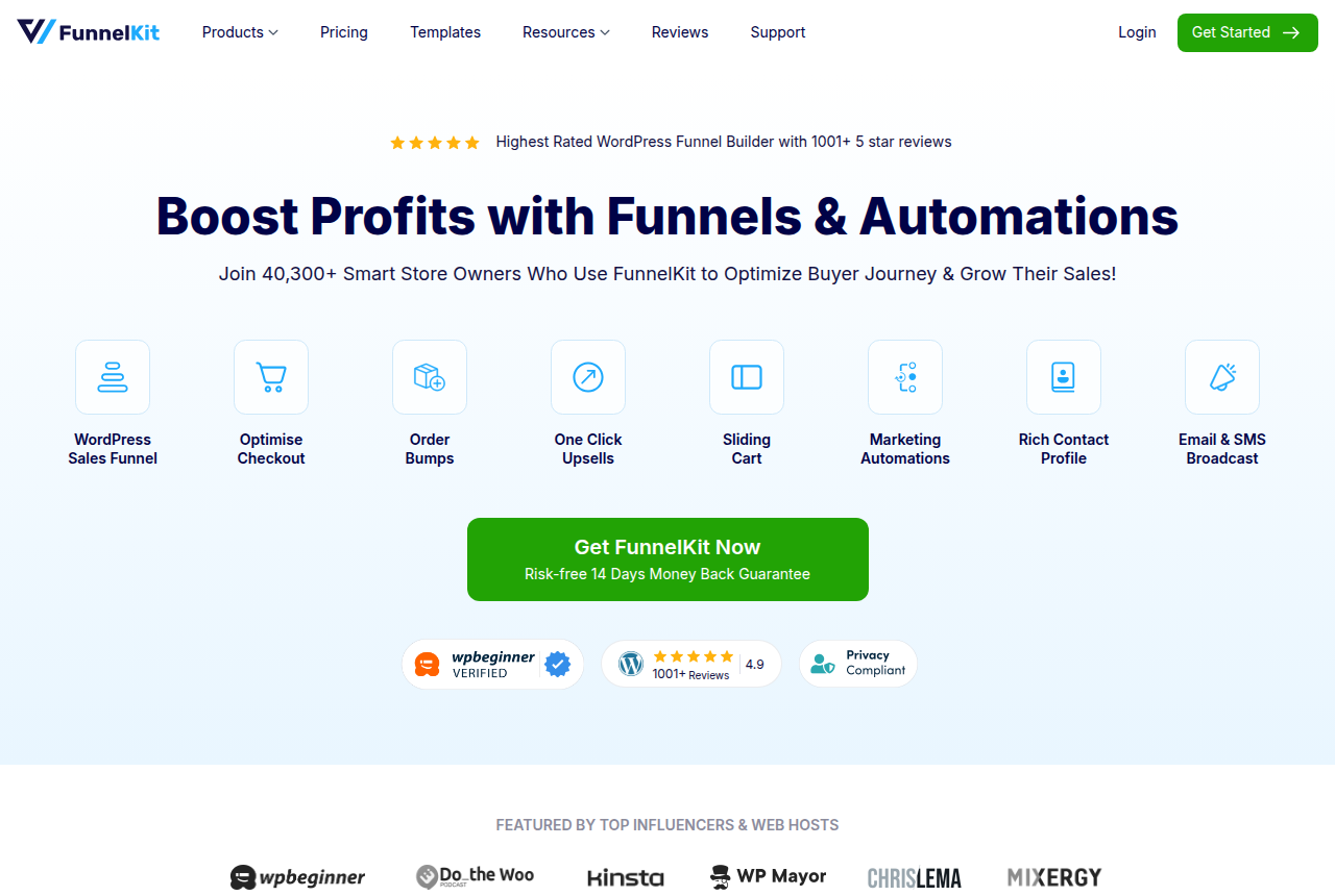 FunnelKit home page for its WordPress and WooCommerce sales funnel builder plugin