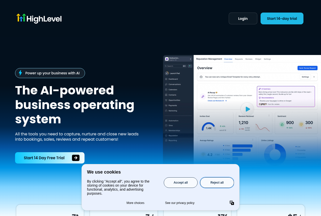 GoHighLevel home page headline: the AI-powered business operating system