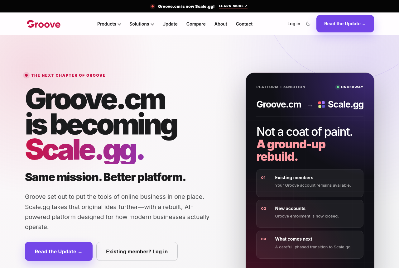 Groove.cm homepage with a top bar saying the site is now Scale.gg, the headline Groove.cm is becoming Scale.gg, and a panel that says new enrollment is closed