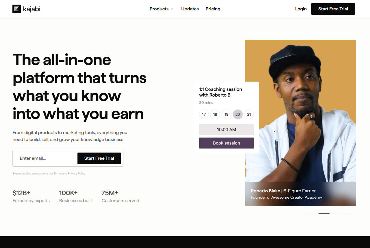 Kajabi home page headline: the platform that turns what you know into what you earn