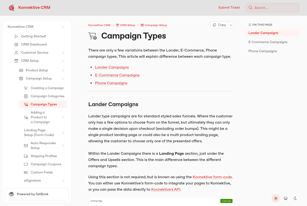 Konnektive CRM help article Campaign Types, with the logo in the header, a sidebar of setup links, and the three types Lander, E-Commerce and Phone. The Lander section says pages connect with form code or the API.