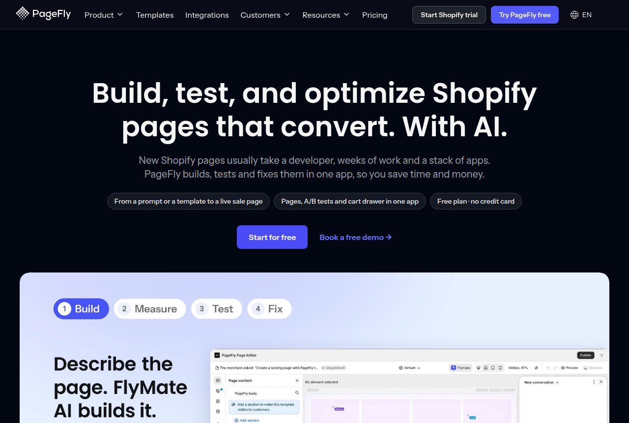 PageFly homepage with a dark header, the headline about building and testing Shopify pages, and the editor open under a FlyMate prompt