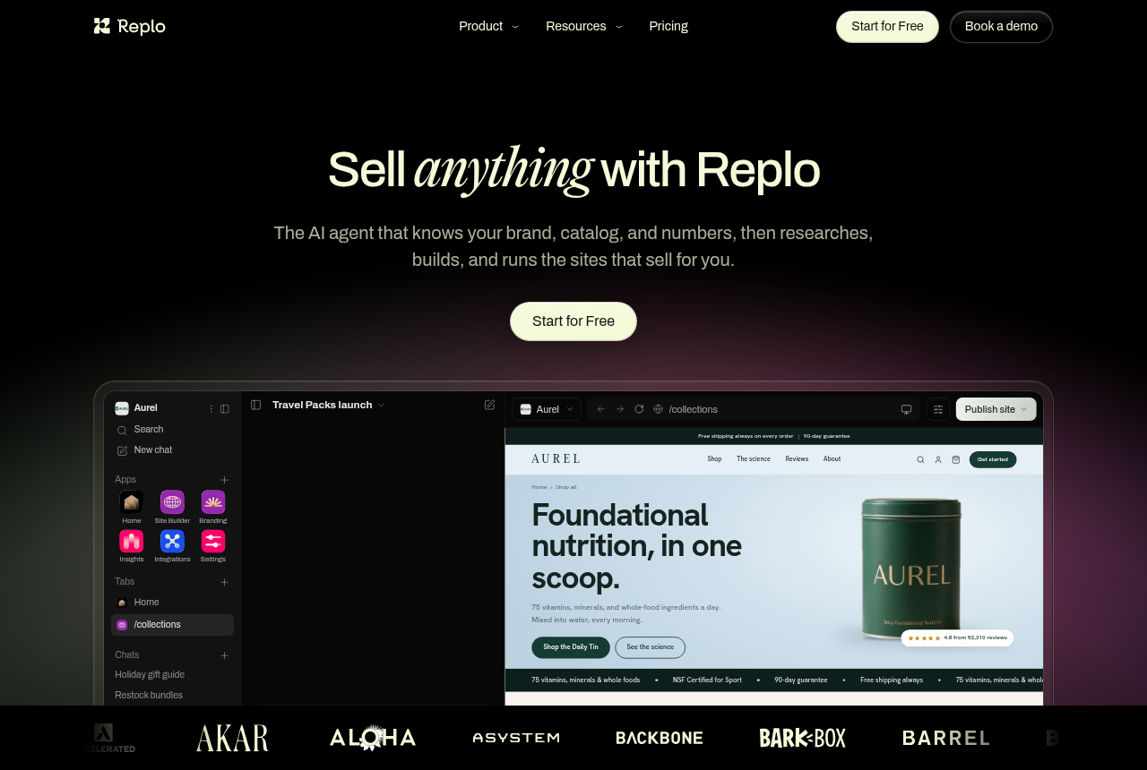 Replo homepage with the logo, a Start for Free button, the headline Sell anything with Replo, and an editor open on a product page for a green tin labeled Aurel