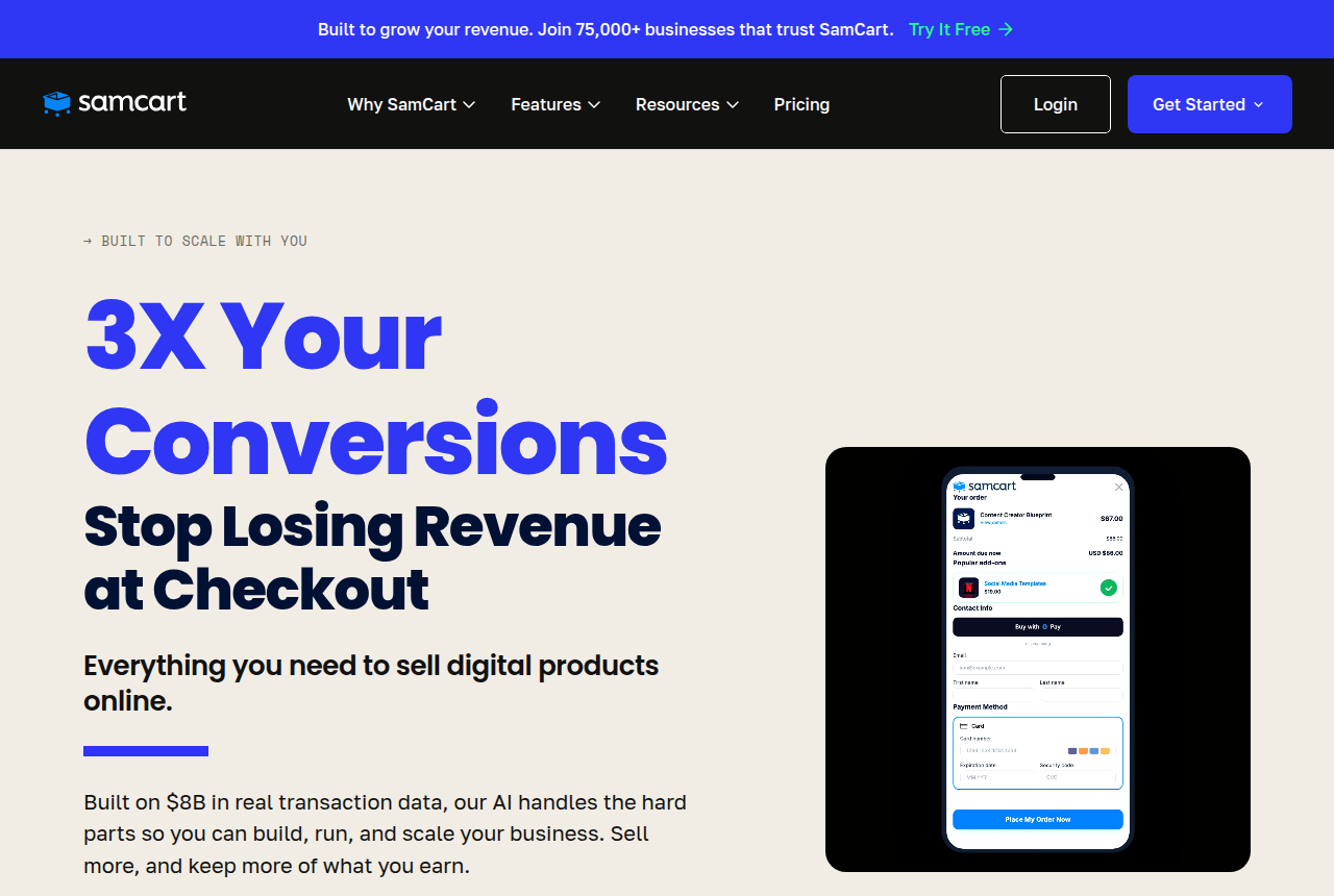 SamCart homepage with the logo, a black navigation bar, the headline 3X Your Conversions, and a phone mockup of a checkout form.