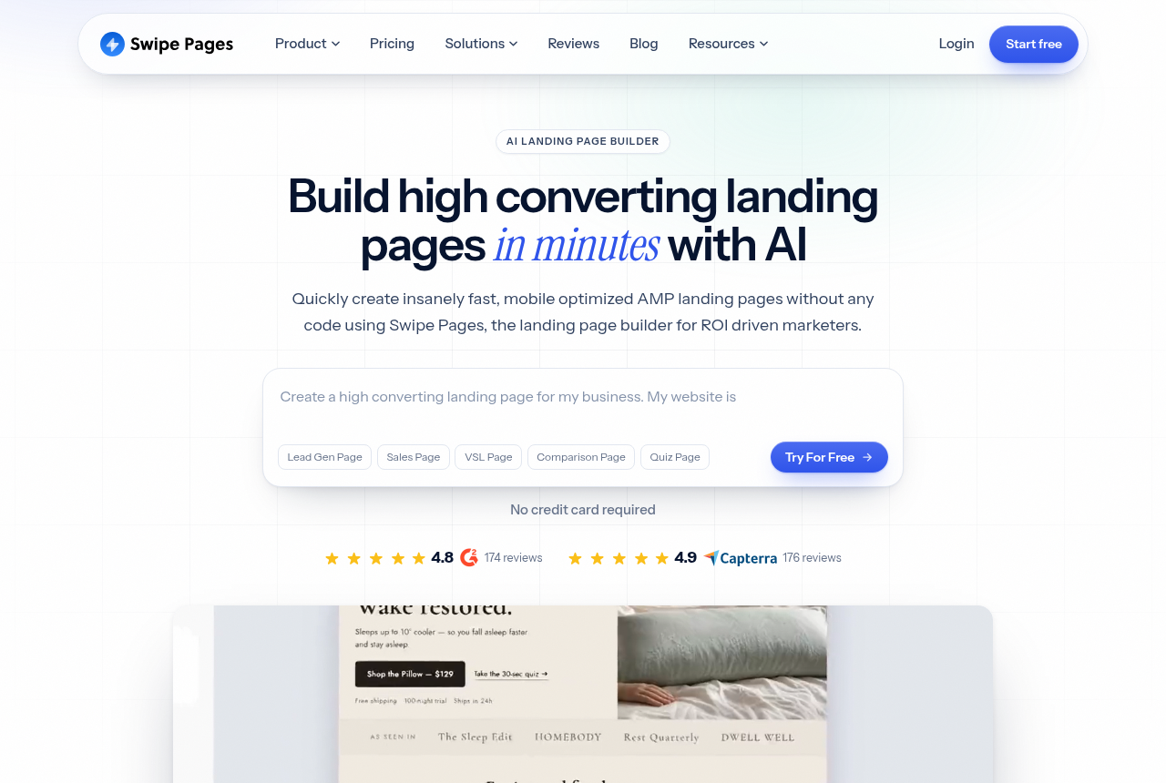 Swipe Pages home page: an AI landing page builder for fast, mobile-optimized AMP pages